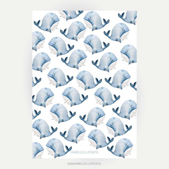 marielleillustratie wenskaart met walvis patroon 10x15cm