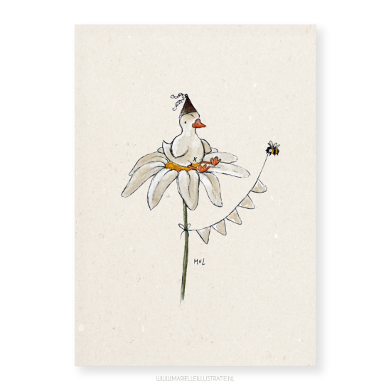Mi303 eend op bloem   kaart 10x15   marielleillustratie 03